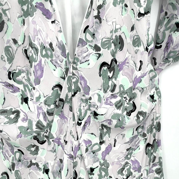 New! Club Monaco Drape Sleeve Midi Dress Abstract Floral Purple Gray Black | 6 - Picture 14 of 16